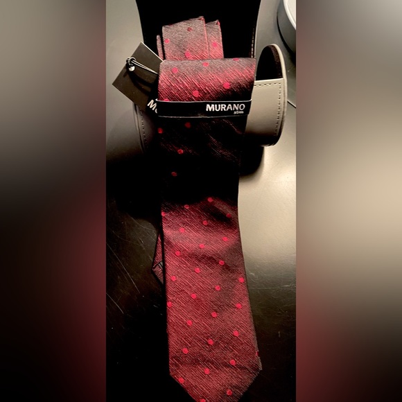 2Pc Murano High Sheen Red/black Tie& Leather Tie Case - Picture 5 of 10